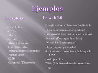 La web 2.0La web 1.0-Doubleclick-Ofoto-Akamai-mp3.com-Britannica Online-Sitios personales-Especulación con dominios-Páginas vistas-CMSs-Categorías/DirectoriosEjemplos-Google AdSense (Servicios Publicidad)-Flickr (Comunidades fotográficas)-BitTorrent (Distribución de contenidos) -Napster (Descargas de música) -Wikipedia (Enciclopedias)-Blogs (Páginas personales) -Optimización en motores de búsqueda SEO-Costo por click-Wikis (Administradores de contenidos)- Tags