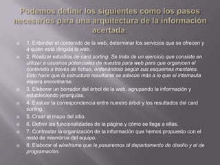    1. Entender el contenido de la web, determinar los servicios que se ofrecen y
    a quién está dirigida la web.
   2. Realizar estudios de card sorting. Se trata de un ejercicio que consiste en
    utilizar a usuarios potenciales de nuestra para web para que organicen el
    contenido a través de fichas, ordenándolo según sus esquemas mentales.
    Esto hace que la estructura resultante se adecúe más a lo que el internauta
    espera encontrarse.
   3. Elaborar un borrador del árbol de la web, agrupando la información y
    estableciendo jerarquías.
   4. Evaluar la correspondencia entre nuestro árbol y los resultados del card
    sorting.
   5. Crear el mapa del sitio.
   6. Definir las funcionalidades de la página y cómo se llega a ellas.
   7. Contrastar la organización de la información que hemos propuesto con el
    resto de miembros del equipo.
   8. Elaborar el wireframe que le pasaremos al departamento de diseño y al de
    programación.
 