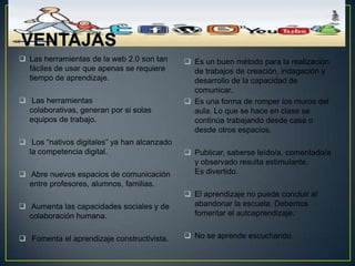  Las herramientas de la web 2.0 son tan      Es un buen método para la realización
  fáciles de usar que apenas se requiere       de trabajos de creación, indagación y
  tiempo de aprendizaje.                       desarrollo de la capacidad de
                                               comunicar.
 Las herramientas                            Es una forma de romper los muros del
  colaborativas, generan por si solas          aula. Lo que se hace en clase se
  equipos de trabajo.                          continúa trabajando desde casa o
                                               desde otros espacios.
 Los “nativos digitales” ya han alcanzado
  la competencia digital.                     Publicar, saberse leído/a, comentado/a
                                               y observado resulta estimulante.
 Abre nuevos espacios de comunicación         Es divertido.
  entre profesores, alumnos, familias.
                                              El aprendizaje no puede concluir al
 Aumenta las capacidades sociales y de        abandonar la escuela. Debemos
  colaboración humana.                         fomentar el autoaprendizaje.


 Fomenta el aprendizaje constructivista.     No se aprende escuchando.
 
