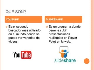 QUE SON?
 Es el segundo
buscador mas utilizado
en el mundo donde se
puede ver variedad de
videos.
 Es un programa donde
permite subir
presentaciones
realizadas en Power
Point en la web.
YOUTUBE SLIDESHARE
 