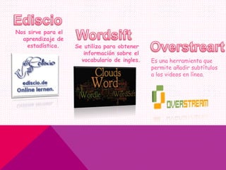 Nos sirve para el
aprendizaje de
estadística. Se utiliza para obtener
información sobre el
vocabulario de ingles. Es una herramienta que
permite añadir subtítulos
a los videos en línea.
 