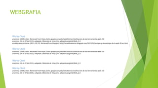 WEBGRAFIA
Works Cited
anonimo. (14 de 07 de 2015). wikipedia. Obtenido de https://es.wikipedia.org/wiki/Web_2.0
Works Cited
anonimo. (2009). sities. Retrieved from https://sites.google.com/site/web20victor/clasificacion-de-las-herramientas-web-2-0
anonimo. (14 de 07 de 2015). wikipedia. Obtenido de https://es.wikipedia.org/wiki/Web_2.0
Works Cited
anonimo. (2009). sities. Retrieved from https://sites.google.com/site/web20victor/clasificacion-de-las-herramientas-web-2-0
anonimo. (14 de 07 de 2015). wikipedia. Obtenido de https://es.wikipedia.org/wiki/Web_2.0
arnaldo salas contreras. (2011, 05 22). Retrieved from blogspot: http://arnaldosalascon.blogspot.com/2011/05/ventajas-y-desventajas-de-la-web-20-en.html
Works Cited
anonimo. (2009). sities. Retrieved from https://sites.google.com/site/web20victor/clasificacion-de-las-herramientas-web-2-0
anonimo. (14 de 07 de 2015). wikipedia. Obtenido de https://es.wikipedia.org/wiki/Web_2.0
 