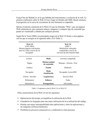 Enrique Sánchez Rivas
Craig Cline de MediaLive en la que hablaba del renacimiento y evolución de la web. La
primera conferencia sobre la Web 2.0 tuvo lugar en Octubre del 2004. Desde entonces,
la progresión en la curva de crecimiento de este fenómeno es imparable.
Quizás el máximo exponente de la Web 2.0 sean las llamadas “Wiki”, que son páginas
Web colaborativas, que contienen enlaces, imágenes y cualquier tipo de contenido que
puede ser visualizado y editado por cualquier persona.
Según De la Torre (2006), los principales rasgos de la Web 2.0 frente a otras páginas
son los que se recogen en la siguiente tabla. (Ver Tabla 1)
Web 1.0
(1993-2003)
Muchas páginas web bonitas
para ser vistas a través de un
navegador.
Web 2.0
(2003- )
Multitud de contenidos
compartidos a través de
servicios de alta interactividad
Lectura Modo Escritura compartida
Página
Mínima unidad
de contenido
Mensaje - Artículo - Post
Estático Estado Dinámico
Navegador
Modo
visualización
Navegador, Lector RSS
Cliente - Servidor Arquitectura Servicio Web
Webmasters Editores Todos
Informáticos Protagonistas Aficionados
Tabla 1. Comparativa entre la Web 1.0 y la Web 2.0
Otras características de la Web 2.0 son las siguientes:
Optimización del tiempo, al simplificar la utilización de la Web.
Estandariza los lenguajes para una mejor utilización de la re-utilización del código.
Permite una mejor interoperabilidad entre aplicaciones y entre las aplicaciones y
las máquinas (software-hardware).
Posibilita los procesos comunicativos y colaborativos entre personas.
3
 