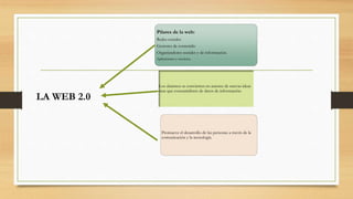LA WEB 2.0
Los alumnos se convierten en autores de nuevas ideas
mas que consumidores de datos de información.
Promueve el desarrollo de las personas a través de la
comunicación y la tecnología.
Pilares de la web:
Redes sociales
Gestores de contenido
Organizadores sociales y de información.
Aplicaciones y servicios.
 