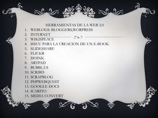 HERRAMIENTAS DE LA WEB 2.0
1. WEBLOGS: BLOGGERS,WORPRESS
2. INTERNET
3. WIKISPEACE
4. ISSUU PARA LA CREACION DE UN E-BOOK
5. SLIDESHARE
6. FLICKR
7. DOINK
8. ARTPAD
9. BUBBL.US
10. SCRIBD
11. SCRAPBLOG
12. PHPWEBQUEST
13. GOOGLE DOCS
14. ICARITO
15. MEDIA CONVERT
 
