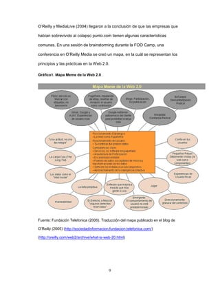 O’Reilly y MediaLive (2004) llegaron a la conclusión de que las empresas que 
habían sobrevivido al colapso punto.com tienen algunas características 
comunes. En una sesión de brainstorming durante la FOO Camp, una 
conferencia en O’Reilly Media se creó un mapa, en la cuál se representan los 
principios y las prácticas en la Web 2.0. 
9 
Gráfico1. Mapa Meme de la Web 2.0 
Fuente: Fundación Telefonica (2006). Traducción del mapa publicado en el blog de 
O’Reilly (2005) (http://sociedadinformacion.fundacion.telefonica.com/) 
(http://oreilly.com/web2/archive/what-is-web-20.html) 
 