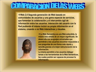 COMPARACION  DE LAS  WEBSWeb 2.0 Segunda generación de Web basada en comunidades de usuarios y una gama especial de servicios, que fomentan la colaboración y el intercambio ágil de información entre los usuarios. interacción del usuario con la Red pudiendo él mismo incluir su propia información en el sistema, creando o no Web interactivas y visuales. 