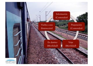 Información
                (Contenidos)


Vuelta a casa                            Preparación
(Interacción)                           (Contenidos)




       En destino                   Viaje
      (Movilidad)             (Movilidad)




                     http://www.flickr.com/photos/chitrasudar/2778096382/
 