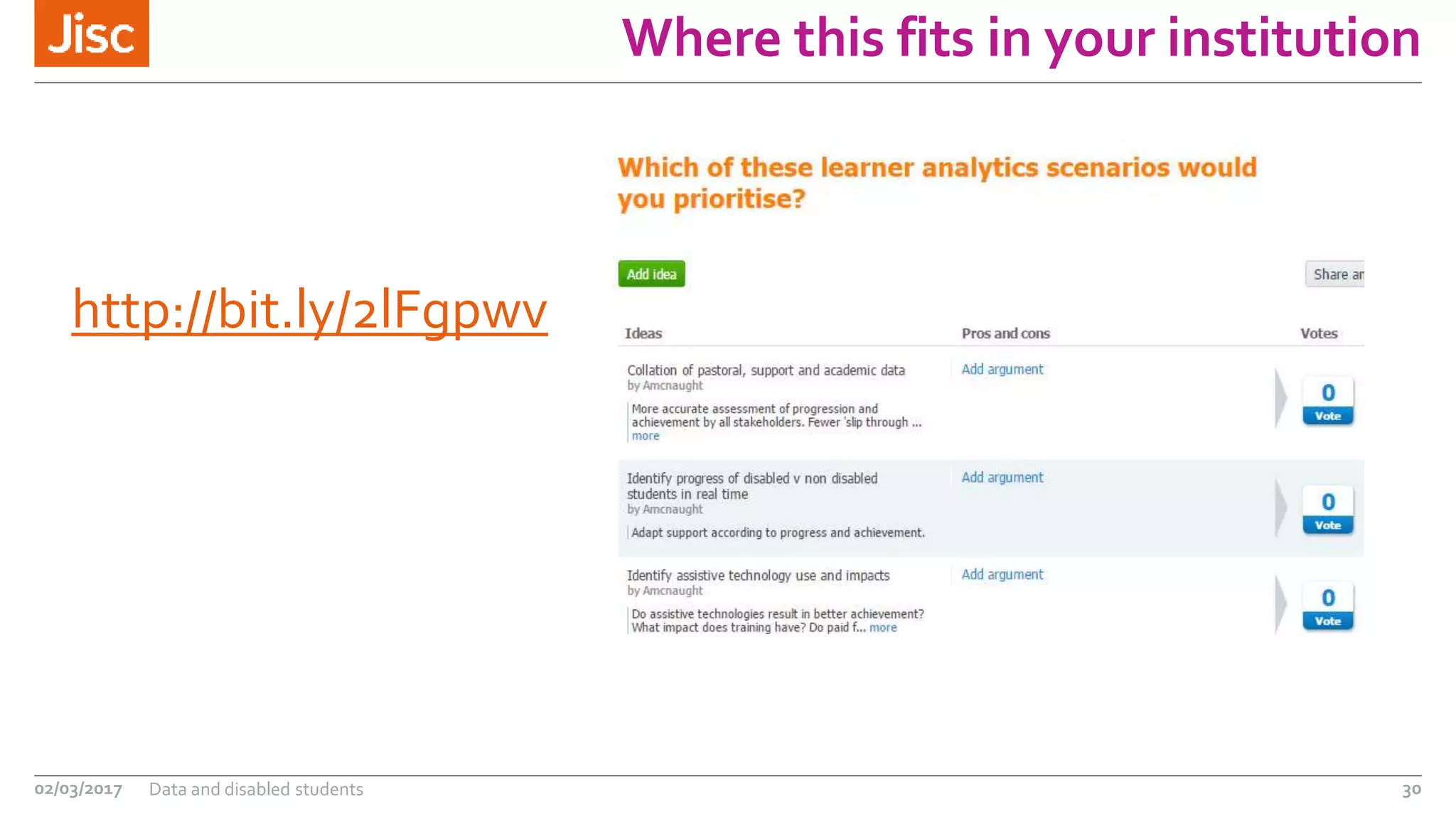 Where this fits in your institution
http://bit.ly/2lFgpwv
02/03/2017 Data and disabled students 30
 