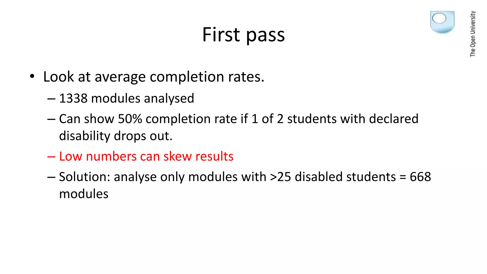First pass
• Look at average completion rates.
– 1338 modules analysed
– Can show 50% completion rate if 1 of 2 students with declared
disability drops out.
– Low numbers can skew results
– Solution: analyse only modules with >25 disabled students = 668
modules
 