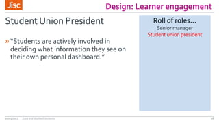 Design: Learner engagement
Student Union President
»“Students are actively involved in
deciding what information they see on
their own personal dashboard.”
02/03/2017 Data and disabled students 18
Roll of roles…
Senior manager
Student union president
 