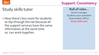 Support: Consistency
Study skills tutor
»Now there’s less room for students
to slip through the net because all
the support services have the same
information at the same time
so can work together.
02/03/2017 Data and disabled students 20
Roll of roles…
Senior manager
Student union president
Examination officer
Study skills tutor
 