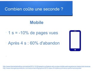 Combien coûte une seconde ?
Mobile
l

1 s = -10% de pages vues

l

Après 4 s : 60% d'abandon

/

http://www.themediabriefing.com/article/2012-10-02/speed-is-a-feature-why-a-slow-mobile-web-experience-means-lost-revenue
http://www.strangeloopnetworks.com/resources/infographics/2012-state-of-mobile-ecommerce-performance/poster

 