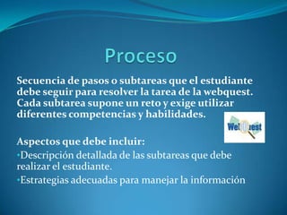 Proceso Secuencia de pasos o subtareas que el estudiante debe seguir para resolver la tarea de la webquest. Cada subtarea supone un reto y exige utilizar diferentes competencias y habilidades. Aspectos que debe incluir: Descripción detallada de las subtareas que debe realizar el estudiante. 