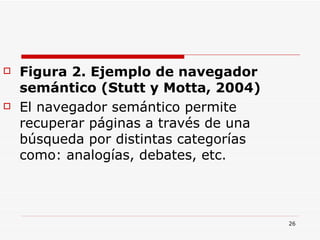 Figura 2. Ejemplo de navegador semántico (Stutt y Motta, 2004) El navegador semántico permite recuperar páginas a través de una búsqueda por distintas categorías como: analogías, debates, etc. 