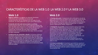 CARACTERÍSTICAS DE LA WEB 1.0 LA WEB 2.0 Y LA WEB 3.0
Web 1.0
• Páginas estáticas: las páginas no ofrecían funciones
interactivas que cambiaban en función del
comportamiento de los visitantes del sitio web. En ese
momento, los sitios web eran en gran parte informativos.
• Contenido del sitio web almacenado en archivos:
prácticamente todos los sitios web modernos utilizan una
base de datos para almacenar la mayoría del contenido del
sitio web. Durante la Web 1.0 este no fue el caso y la
mayoría del contenido del sitio web se almacenó
directamente en los archivos del sitio web, no en una base
de datos separada.
• Combinación de contenido y diseño: las buenas prácticas
de diseño web dictan hoy la separación del marcado y el
estilo de la página web. Prácticamente todos los sitios web
modernos utilizan hojas de estilo externas para determinar
el aspecto y el diseño de las páginas web. Durante la Web
1.0, la mayoría del estilo se incorporó al marcado de la
página, a menudo mediante el mal uso de elementos HTML
como las tablas.
Web 2.0
• 1. Hosting adecuado: El alojamiento de tu sitio web es una de las
cosas más importantes que debes tener en cuenta, ya que de este
dependerá que tu sitio funcione y esté operativo todo el día. Si
utilizas WordPress y tienes dudas, esta es nuestra recomendación
de los mejores hostings que deberías barajar (por su calidad y
precio): webempresa, Raiola, Siteground.
• 2. Navegación sea sencilla: A veces lo bonito atenta contra esto,
ya que al querer diferenciarnos, buscamos un diseño web
profesional demasiado rebuscado, que sea llamativo a la vista,
pero puede que resulte difícil de navegar, cuando en realidad lo
que queremos es que la personas encuentren lo que está
buscando en la menor cantidad de clics posibles. Otro factor
relacionado con la experiencia del usuario es el campo de
búsqueda. Si tu sitio tiene mucho contenido e información, uno
de las características de tu web 2.0 tendrá que ser
necesariamente contener la casilla de búsqueda para que el
usuario encuentre fácilmente lo que necesita y todo lo que no
está a la vista.
• 3. Un buen encabezado: Es lo primero que verán los usuarios al
ingresar, por lo que debe incluir el logotipo o nombre del sitio y, si
es posible, mencionar qué es lo que se ofrece en el sitio web 2.0.
Dar una descripción clara de nuestros servicios o productos,
nunca está de más.
 