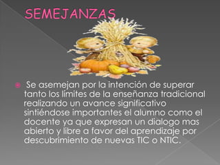     Se asemejan por la intención de superar
    tanto los límites de la enseñanza tradicional
    realizando un avance significativo
    sintiéndose importantes el alumno como el
    docente ya que expresan un dialogo mas
    abierto y libre a favor del aprendizaje por
    descubrimiento de nuevas TIC o NTIC.
 