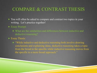 The “so what” test	A good thesis statement must be specific. In order to help make your thesis as specific as possible, you should give it the “so what” test.”Ask yourself “so what” at the end of each of your main ideas in your thesis.“I like to run.” So what? This is not making an argument or case!“I like to run because it is fun.” Again, so what? How does this relate to your reader?“Running is beneficial because it helps us to stay fit and have more energy.” So what? Again, though this is more specific, you have yet to complete the thought and make it applicable to the reader.“Running is beneficial because it helps us to stay fit and have more energy SO THAT we can live a long and healthy life.”