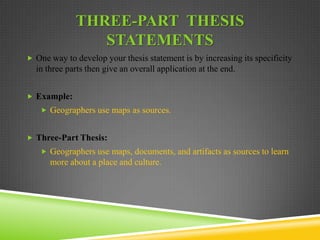 A thesis statement also contains sub points, or the facts that support the main argument. These sub points will be the topic sentences in each of the “body” paragraphs in the essay.