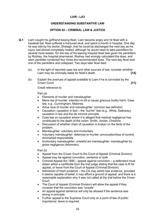 LAW - LA3

                        UNDERSTANDING SUBSTANTIVE LAW

                       OPTION 02 – CRIMINAL LAW & JUSTICE


Q.1   Liam caught his girlfriend kissing Noel. Liam became angry and hit Noel with a
      baseball bat. Noel suffered a fractured skull, and spent a month in hospital. One day
      he was told by his doctor, Shelagh, that he could be discharged the next day as his
      injury had almost completely healed, although he would need to take painkillers for
      several more weeks. On the day of his leaving hospital Noel was given his painkillers
      by Rodney, the hospital pharmacist. Rodney had wrongly calculated the dose, and
      each painkiller contained four times the recommended dose. The next day Noel took
      one of the painkillers and collapsed. Two days later Noel died.

      (a)    In the light of reported case law and other sources of law, consider whether
             Liam may be criminally liable for Noel’s death.                           [14]

      (b)    Explain the avenues of appeal available to Liam if he is convicted by the
             Crown Court.                                                              [11]
             Credit reference to:
             Part (a)
             • Elements of murder and manslaughter.
             • Mens rea of murder: intention to kill or cause grievous bodily harm. Case
                law, e.g., Cunningham, Maloney.
             • Actus reus of murder and manslaughter: common law definition.
             • Causation: causation in fact – the “but-for” test (e.g., White, Dalloway);
                causation in law and the de minimis principle.
             • Case law on causation where it is alleged that medical negligence has
                contributed to the death of the victim: Smith, Jordan, Cheshire.
             • Discussion of whether chain of causation is broken on the facts of the
                problem.
             • Manslaughter: voluntary and involuntary.
             • Voluntary manslaughter: defences to murder; provocation/loss of control;
                diminished responsibility.
             • Involuntary manslaughter: unlawful act manslaughter; manslaughter by
                gross negligence (Adomoko).
             Part (b)
             • Appeal from the Crown Court to the Court of Appeal (Criminal Division).
             • Appeal may be against conviction, sentence or both.
             • Criminal Appeal Act 1995 – appeal against conviction – a defendant must
                obtain either a certificate from the trial judge stating that the case is fit for
                appeal, or leave from the Court of Appeal (Criminal Division).
             • Admission of fresh evidence – the CA may admit new evidence, provided
                it seems capable of belief, it may afford a ground of appeal, and there is a
                reasonable explanation why it was not called at the trial before the Crown
                Court.
             • The Court of Appeal (Criminal Division) will allow the appeal if they
                consider that the conviction was “unsafe”.
             • An appeal against sentence will only be allowed if the sentence was
                wrong in principle.
             • Further appeal to the Supreme Court only on a point of law of public
                importance: leave is required.

                                             33
 