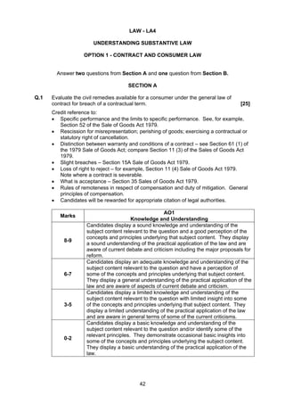 LAW - LA4

                       UNDERSTANDING SUBSTANTIVE LAW

                   OPTION 1 - CONTRACT AND CONSUMER LAW


        Answer two questions from Section A and one question from Section B.

                                      SECTION A

Q.1   Evaluate the civil remedies available for a consumer under the general law of
      contract for breach of a contractual term.                                       [25]
      Credit reference to:
      • Specific performance and the limits to specific performance. See, for example,
         Section 52 of the Sale of Goods Act 1979.
      • Rescission for misrepresentation; perishing of goods; exercising a contractual or
         statutory right of cancellation.
      • Distinction between warranty and conditions of a contract – see Section 61 (1) of
         the 1979 Sale of Goods Act; compare Section 11 (3) of the Sales of Goods Act
         1979.
      • Slight breaches – Section 15A Sale of Goods Act 1979.
      • Loss of right to reject – for example, Section 11 (4) Sale of Goods Act 1979.
         Note where a contract is severable.
      • What is acceptance – Section 35 Sales of Goods Act 1979.
      • Rules of remoteness in respect of compensation and duty of mitigation. General
         principles of compensation.
      • Candidates will be rewarded for appropriate citation of legal authorities.

                                                      AO1
         Marks
                                        Knowledge and Understanding
                    Candidates display a sound knowledge and understanding of the
                    subject content relevant to the question and a good perception of the
                    concepts and principles underlying that subject content. They display
           8-9
                    a sound understanding of the practical application of the law and are
                    aware of current debate and criticism including the major proposals for
                    reform.
                    Candidates display an adequate knowledge and understanding of the
                    subject content relevant to the question and have a perception of
           6-7      some of the concepts and principles underlying that subject content.
                    They display a general understanding of the practical application of the
                    law and are aware of aspects of current debate and criticism.
                    Candidates display a limited knowledge and understanding of the
                    subject content relevant to the question with limited insight into some
           3-5      of the concepts and principles underlying that subject content. They
                    display a limited understanding of the practical application of the law
                    and are aware in general terms of some of the current criticisms.
                    Candidates display a basic knowledge and understanding of the
                    subject content relevant to the question and/or identify some of the
                    relevant principles. They demonstrate occasional basic insights into
           0-2
                    some of the concepts and principles underlying the subject content.
                    They display a basic understanding of the practical application of the
                    law.




                                           42
 
