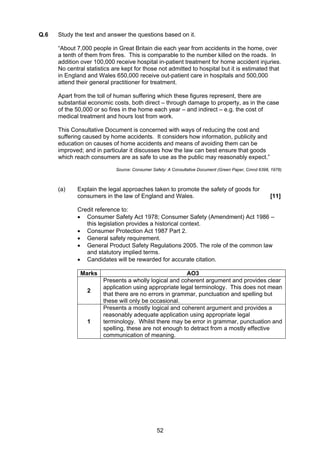 Q.6   Study the text and answer the questions based on it.

      “About 7,000 people in Great Britain die each year from accidents in the home, over
      a tenth of them from fires. This is comparable to the number killed on the roads. In
      addition over 100,000 receive hospital in-patient treatment for home accident injuries.
      No central statistics are kept for those not admitted to hospital but it is estimated that
      in England and Wales 650,000 receive out-patient care in hospitals and 500,000
      attend their general practitioner for treatment.

      Apart from the toll of human suffering which these figures represent, there are
      substantial economic costs, both direct – through damage to property, as in the case
      of the 50,000 or so fires in the home each year – and indirect – e.g. the cost of
      medical treatment and hours lost from work.

      This Consultative Document is concerned with ways of reducing the cost and
      suffering caused by home accidents. It considers how information, publicity and
      education on causes of home accidents and means of avoiding them can be
      improved; and in particular it discusses how the law can best ensure that goods
      which reach consumers are as safe to use as the public may reasonably expect.”

                             Source: Consumer Safety: A Consultative Document (Green Paper, Cmnd 6398, 1976)



      (a)    Explain the legal approaches taken to promote the safety of goods for
             consumers in the law of England and Wales.                                               [11]

             Credit reference to:
             • Consumer Safety Act 1978; Consumer Safety (Amendment) Act 1986 –
                this legislation provides a historical context.
             • Consumer Protection Act 1987 Part 2.
             • General safety requirement.
             • General Product Safety Regulations 2005. The role of the common law
                and statutory implied terms.
             • Candidates will be rewarded for accurate citation.

              Marks                                      AO3
                        Presents a wholly logical and coherent argument and provides clear
                        application using appropriate legal terminology. This does not mean
                 2
                        that there are no errors in grammar, punctuation and spelling but
                        these will only be occasional.
                        Presents a mostly logical and coherent argument and provides a
                        reasonably adequate application using appropriate legal
                 1      terminology. Whilst there may be error in grammar, punctuation and
                        spelling, these are not enough to detract from a mostly effective
                        communication of meaning.




                                                52
 