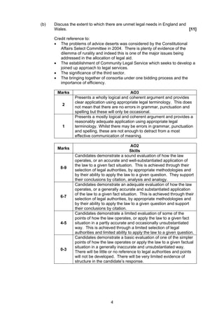 (b)   Discuss the extent to which there are unmet legal needs in England and
      Wales.                                                                 [11]

      Credit reference to:
      • The problems of advice deserts was considered by the Constitutional
         Affairs Select Committee in 2004. There is plenty of evidence of the
         dilemma of rurality and indeed this is one of the major issues being
         addressed in the allocation of legal aid.
      • The establishment of Community Legal Service which seeks to develop a
         joined up approach to legal services.
      • The significance of the third sector.
      • The bringing together of consortia under one bidding process and the
         importance of efficiency.

       Marks                                    AO3
                Presents a wholly logical and coherent argument and provides
                clear application using appropriate legal terminology. This does
          2
                not mean that there are no errors in grammar, punctuation and
                spelling but these will only be occasional.
                Presents a mostly logical and coherent argument and provides a
                reasonably adequate application using appropriate legal
          1     terminology. Whilst there may be errors in grammar, punctuation
                and spelling, these are not enough to detract from a most
                effective communication of meaning.

                                                  AO2
       Marks
                                                 Skills
                Candidates demonstrate a sound evaluation of how the law
                operates, or an accurate and well-substantiated application of
                the law to a given fact situation. This is achieved through their
         8-9
                selection of legal authorities, by appropriate methodologies and
                by their ability to apply the law to a given question. They support
                their conclusions by citation, analysis and analogy.
                Candidates demonstrate an adequate evaluation of how the law
                operates, or a generally accurate and substantiated application
                of the law to a given fact situation. This is achieved through their
         6-7
                selection of legal authorities, by appropriate methodologies and
                by their ability to apply the law to a given question and support
                their conclusions by citation.
                Candidates demonstrate a limited evaluation of some of the
                points of how the law operates, or apply the law to a given fact
         4-5    situation in a partly accurate and occasionally unsubstantiated
                way. This is achieved through a limited selection of legal
                authorities and limited ability to apply the law to a given question.
                Candidates demonstrate a basic evaluation of one of the simpler
                points of how the law operates or apply the law to a given factual
                situation in a generally inaccurate and unsubstantiated way.
         0-3
                There will be little or no reference to legal authorities and points
                will not be developed. There will be very limited evidence of
                structure in the candidate’s response.




                                    4
 