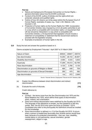 Part (b)
             • Nature and background of European Convention on Human Rights –
                general information about how the ECHR is enforced.
             • Content of the ECHR: outline of Articles and the rights which are
                protected; absolute and qualified rights.
             • Outline of how UK citizens can bring cases before the European Court of
                Human Rights: examples of cases, e.g., Tyrer v UK, Malone v UK,
                Goodwin v UK.
             • Protection of human rights via the Human Rights Act 1998: incorporation
                of Convention Articles; duty imposed by s.6 on all public authorities to act
                in a way which is compatible with Convention rights; s.3 requirement that
                UK law should be interpreted in a way which is compatible with
                Convention Articles; s.19 requirement that legislation should include a
                statement of compatibility or statement that the Government wishes to
                proceed with the legislation anyway.
             • Examples of protection of human rights in the UK.


Q.6   Study the text and answer the questions based on it.

      Claims accepted by Employment Tribunals 1 April 2007 to 31 March 2008

      Nature of Claim                                                  2005/6       2006/7       2007/8
      Sex discrimination                                               14,250       28,153       26,907
      Disability discrimination                                          4,585        5,533        5,833
      Equal pay                                                        17,268       44,013       62,706
      Race discrimination                                                4,103        3,780        4,130
      Discrimination on grounds of Religion or Belief                      486          648           709
      Discrimination on grounds of Sexual Orientation                      395          470           582
      Age discrimination                                                    n/a         972        2,949
                                      Source: Tribunals Service: Employment Tribunal and EAT Statistics (GB).


      (a)    Explain the difference between direct discrimination and indirect
             discrimination.                                                                           [11]

      (b)    Evaluate the work of tribunals.                                                           [14]

             Credit reference to:
             Part (a)
             • Context – the terms come from the Sex Discrimination Act 1975 and the
                Race Relations Act 1976, which define three types of discrimination:
                direct, indirect, and victimisation.
             • Direct and indirect discrimination were redefined by the Equality Act 2010.
                The language of the definitions is simpler, but the substance is still very
                similar. Also, the EA 2010 only came into force on October 1 2010.
                Candidates who refer to the pre-Equality Act definitions should be credited
                for this knowledge.
             • Direct discrimination is defined in s.13 of the Equality Act 2010. It occurs
                when a person is treated less favourably than another person would have
                been because of a protected characteristic - their sex, race, disability,
                marital status or civil partnership, sexual orientation, gender
                reassignment, religion or age.

                                               63
 