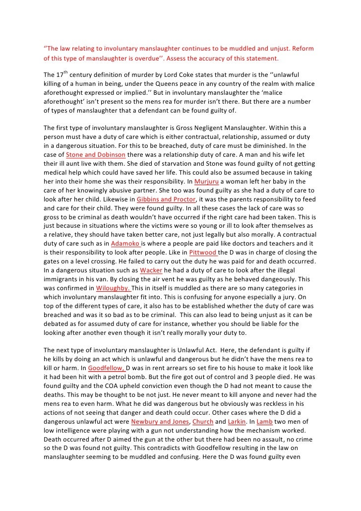 ‘the law relating to involuntary manslaughter Start studying murder/voluntary manslaughter (loss of control) evaluation essay (unfinished) learn vocabulary, terms, and more with. ‘the law relating to involuntary manslaughter Start studying murder/voluntary manslaughter (loss of control) evaluation essay (unfinished) learn vocabulary, terms, and more with.