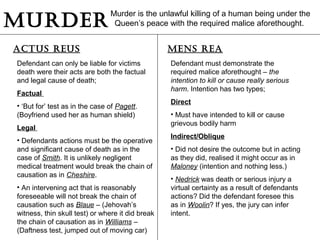 Murder
Murder is the unlawful killing of a human being under the
Queen’s peace with the required malice aforethought.
AcTuS reuS
Defendant must demonstrate the
required malice aforethought – the
intention to kill or cause really serious
harm. Intention has two types;
Direct
• Must have intended to kill or cause
grievous bodily harm
Indirect/Oblique
• Did not desire the outcome but in acting
as they did, realised it might occur as in
Maloney (intention and nothing less.)
• Nedrick was death or serious injury a
virtual certainty as a result of defendants
actions? Did the defendant foresee this
as in Woolin? If yes, the jury can infer
intent.
Defendant can only be liable for victims
death were their acts are both the factual
and legal cause of death;
Factual
• ‘But for’ test as in the case of Pagett.
(Boyfriend used her as human shield)
Legal
• Defendants actions must be the operative
and significant cause of death as in the
case of Smith. It is unlikely negligent
medical treatment would break the chain of
causation as in Cheshire.
• An intervening act that is reasonably
foreseeable will not break the chain of
causation such as Blaue – (Jehovah’s
witness, thin skull test) or where it did break
the chain of causation as in Williams –
(Daftness test, jumped out of moving car)
MenS reA
 