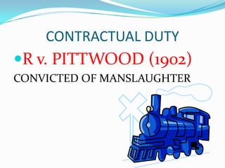 CONTRACTUAL DUTY
R v. PITTWOOD (1902)
CONVICTED OF MANSLAUGHTER
 