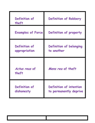 Definition of       Definition of Robbery
theft


Examples of Force   Definition of property



Definition of       Definition of belonging
appropriation       to another




Actus reus of       Mens rea of theft
theft



Definition of       Definition of intention
dishonesty          to permanently deprive
 