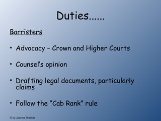 Duties...... Barristers Advocacy – Crown and Higher Courts Counsel’s opinion  Drafting legal documents, particularly claims Follow the “Cab Rank” rule 