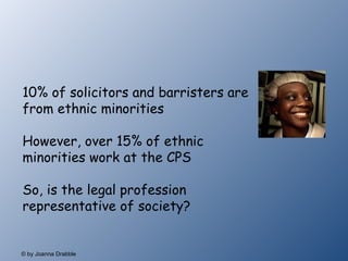 10% of solicitors and barristers are from ethnic minorities However, over 15% of ethnic minorities work at the CPS So, is the legal profession representative of society? 