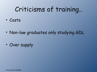 Criticisms of training.. Costs Non-law graduates only studying GDL Over supply 