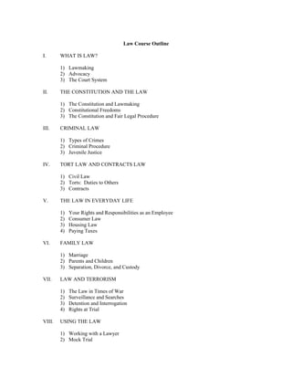 Law Course Outline

I.      WHAT IS LAW?

        1) Lawmaking
        2) Advocacy
        3) The Court System

II.     THE CONSTITUTION AND THE LAW

        1) The Constitution and Lawmaking
        2) Constitutional Freedoms
        3) The Constitution and Fair Legal Procedure

III.    CRIMINAL LAW

        1) Types of Crimes
        2) Criminal Procedure
        3) Juvenile Justice

IV.     TORT LAW AND CONTRACTS LAW

        1) Civil Law
        2) Torts: Duties to Others
        3) Contracts

V.      THE LAW IN EVERYDAY LIFE

        1)   Your Rights and Responsibilities as an Employee
        2)   Consumer Law
        3)   Housing Law
        4)   Paying Taxes

VI.     FAMILY LAW

        1) Marriage
        2) Parents and Children
        3) Separation, Divorce, and Custody

VII.    LAW AND TERRORISM

        1)   The Law in Times of War
        2)   Surveillance and Searches
        3)   Detention and Interrogation
        4)   Rights at Trial

VIII.   USING THE LAW

        1) Working with a Lawyer
        2) Mock Trial
 