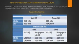 REVISED THRESHOLDS FOR COMBINATION REGULATIONS
The Ministry of Corporate Affairs, Government of India (“MCA”) has recently brought in significant
changes to the merger control thresholds through certain notifications
Revised threshold limit
 