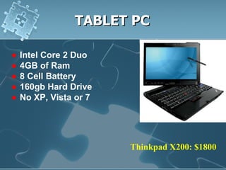 TABLET PC ●  Intel Core 2 Duo ● 4GB of Ram ● 8 Cell Battery ● 160gb Hard Drive ● No XP, Vista or 7 Thinkpad X200: $1800 