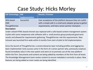 Case Study: Hicks Morley
KM Technology KM                       Results, if known
                  Implementation
Wiki-based        Successful           User acceptance of the platform because they ran a pilot
CMS                                    with a simple wiki in a small early adopter group to gather
ThoughtFarmer                          requirements, and had a senior partner champion.
Description:
Under-utlized HTML-based intranet was replaced with a wiki-based content management system.
A pilot with some inexpensive wiki software with a small practice group produced good early
results and allowed for requirements gathering. ThoughtFarmer met the requirements. New
Intranet was launched firm-wide within 6 months from start of pilot to full implementation.

Since the launch of ThoughtFarmer, a social enterprise layer including profiles and tagging has
been implemented. Early success came in the form of a senior partner who, previously sceptical,
found immediate value in the new system and went on to promote use of the new platform
within the firm. Documents and content are being added by members of the firm from all levels.
The Knowledge Management team review content to ensure metadata is correctly in place. New
features are being added as more needs are being identified.


                                                                                                25
 