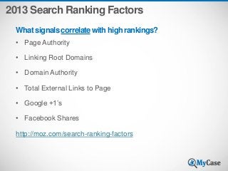 2013 Search Ranking Factors
What signals correlate with high rankings?
• Page Authority
• Linking Root Domains

• Domain A...