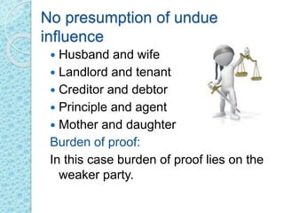 No presumption of undue
influence
 Husband and wife
 Landlord and tenant
 Creditor and debtor
 Principle and agent
 Mother and daughter
Burden of proof:
In this case burden of proof lies on the
weaker party.
 
