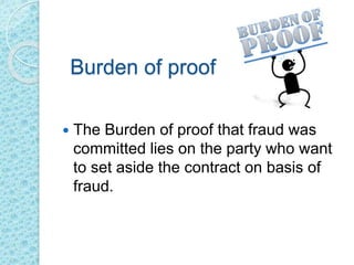 Burden of proof
 The Burden of proof that fraud was
committed lies on the party who want
to set aside the contract on basis of
fraud.
 
