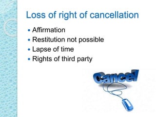 Loss of right of cancellation
 Affirmation
 Restitution not possible
 Lapse of time
 Rights of third party
 