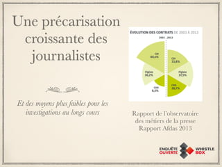 Une précarisation 
croissante des 
journalistes 
Et des moyens plus faibles pour les 
investigations au longs cours Rapport de l’observatoire 
des métiers de la presse 
Rapport Afdas 2013 
 