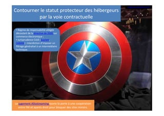 Contourner le statut protecteur des hébergeurs
par la voie contractuelle
• Régime de responsabilité allégée
découlant de la directive de 2000 sur
commerce électronique ;
• Jurisprudence CJUE (Scarlett,
SABAM) : interdiction d’imposer un
filtrage généralisé à un intermédiaire
technique.

Le jugement Allostreaming ouvre la porte à une coopération
entre FAI et ayants droit pour bloquer des sites miroirs.

Image par Doug Kline. CC-BY

 
