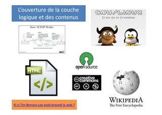L’ouverture de la couche
logique et des contenus

Et si Tim Berners-Lee avait breveté le web ?

 