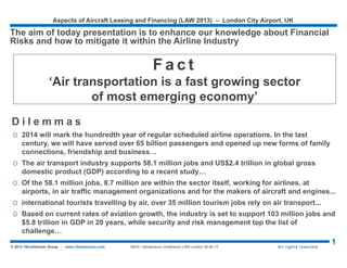 Aspects of Aircraft Leasing and Financing (LAW 2015) – London City Airport, UK
1© 2015 1BlueHorizon Group - www.1bluehorizon.com All rights reserved1BHG | Aeropodium Conference LAW London 26.06.15
‘Air transportation is a fast growing
sector of most emerging economy…’
‘The global air traffic is expected to
double every 15 years…’
D i l e m m a s
O 2014 marked the hundredth year of regular scheduled airline operations. In the last century,
we will have served over 65 billion passengers and opened up new forms of family
connections, friendship and business…
O The air transport industry supports 58.1 million jobs and US$2.4 trillion in global gross
domestic product (GDP) according to a recent study…
O Of the 58.1 million jobs, 8.7 million are within the sector itself, working for airlines, at airports,
in air traffic management organizations and for the makers of aircraft and engines...
O international tourists travelling by air, over 35 million tourism jobs rely on air transport...
O Based on current rates of aviation growth, the industry is set to support 103 million jobs and
$5.8 trillion in GDP in 20 years, while security and risk management top the list of challenge…
TODAY AIM IS TO ENHANCE OUR KNOWLEDGE
Financial Risks and how to mitigate it within the Airline Industry…
Source: © 1BlueHorizon Group Research & Analysis 2015
 