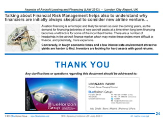 Aspects of Aircraft Leasing and Financing (LAW 2015) – London City Airport, UK
24© 2015 1BlueHorizon Group - www.1bluehorizon.com All rights reserved1BHG | Aeropodium Conference LAW London 26.06.15
 60% could have been avoided using the types of approaches
discussed above.
 15% could have been mitigated through traditional means such
as insurance or financial derivatives.
 20% events could have been mitigated by more consistent and
in-depth customer analysis, combined with scenario planning and
game theory exercises.
 5% of the events could have been mitigated through improved
merger integration planning and improved execution.
Source: © 1BlueHorizon Group Research & Analysis,
RISK MANAGEMENT TRENDS
Over a broad risk events analyzed over a period of fifteen years (2000 – 2015), four
main risk management trends emerged
 