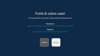 Fonts & colors used
This presentation has been made using the following fonts:
Staatliches
(https://fonts.google.com/specimen/Fira+Sans+Extra+Condensed)
Raleway
(https://fonts.google.com/specimen/Roboto+Slab)
#eeeeee
#595959
 