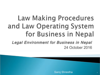 Legal Environment for Business in Nepal
24 October 2016
Saroj Shrestha 1
 